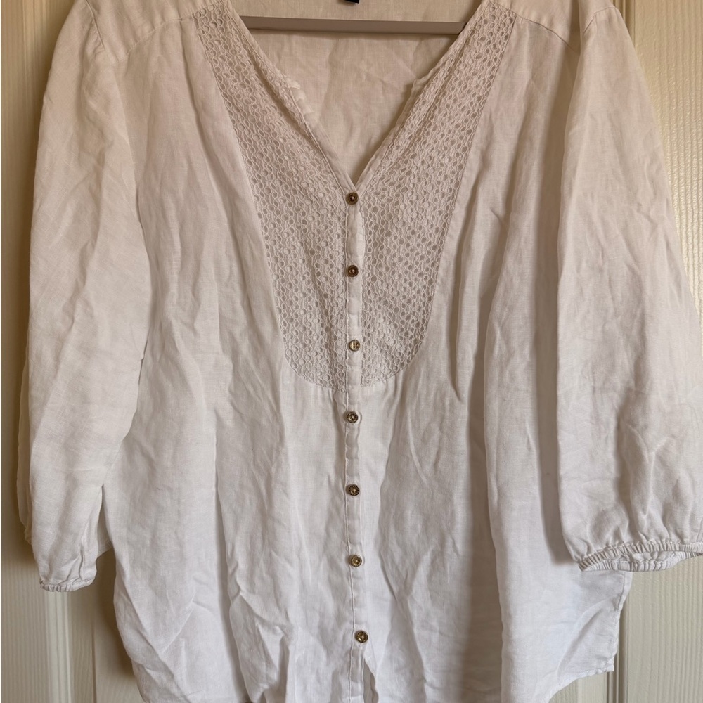 Ellen Tracy White Button-Up Blouse Top Shirt Linen Plus 1X Like New Condition